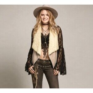 Sanctuary Faux Fur Suede Vest Womens M Beige Ivory Boho Western Festival 70s